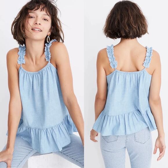 Madewell Denim ruffle strap Cami top.  SIZE 00  100% Cotton - Picture 1 of 10